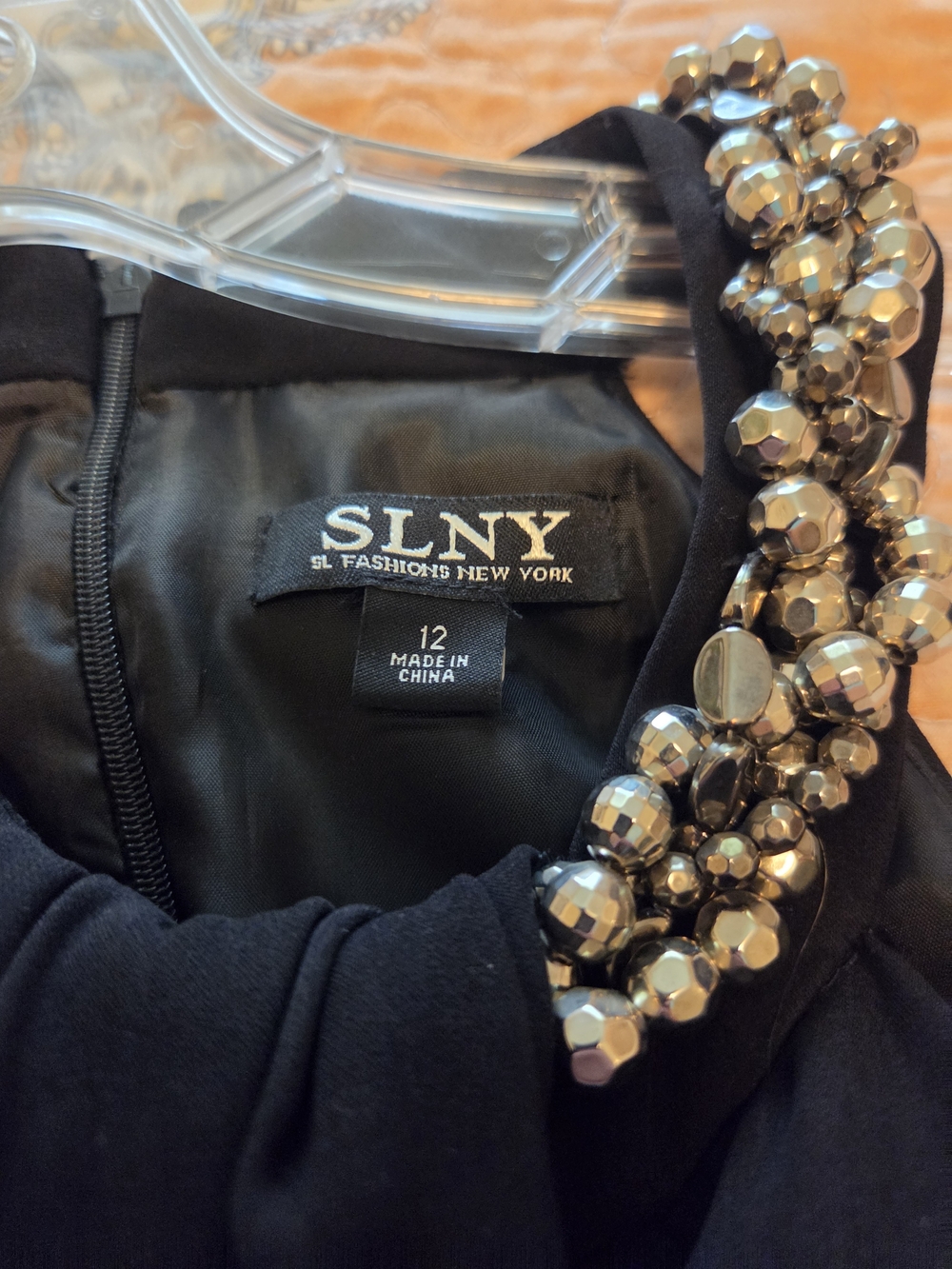 SLNY Black Dress with Metallic Beaded Collar